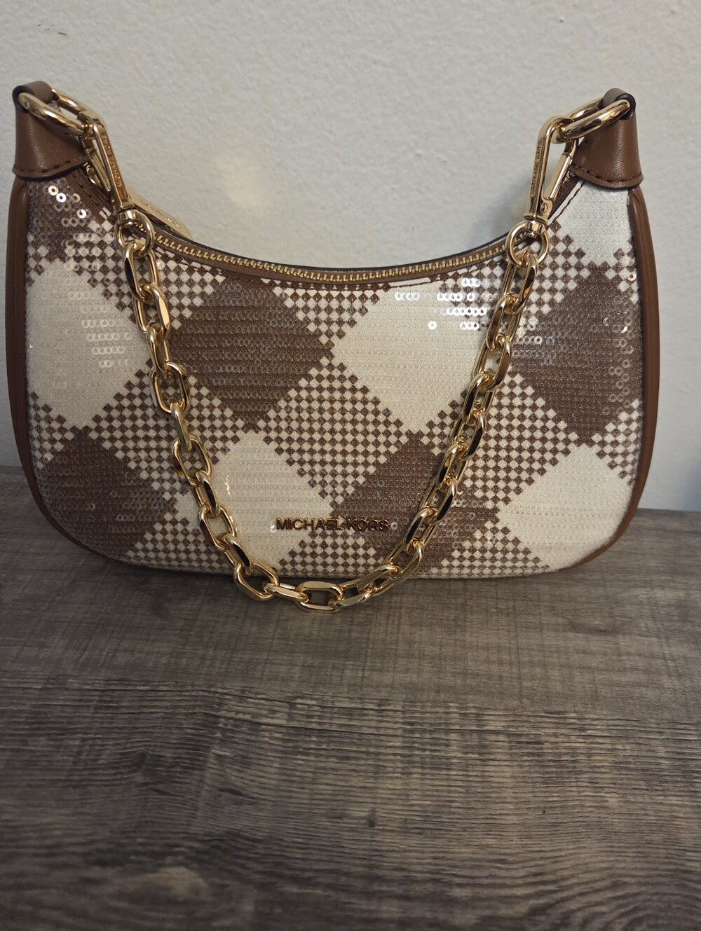 New Michael Kors Jet Set Brown and Cream Sequined Ctossbody Bag with Gold Chain
